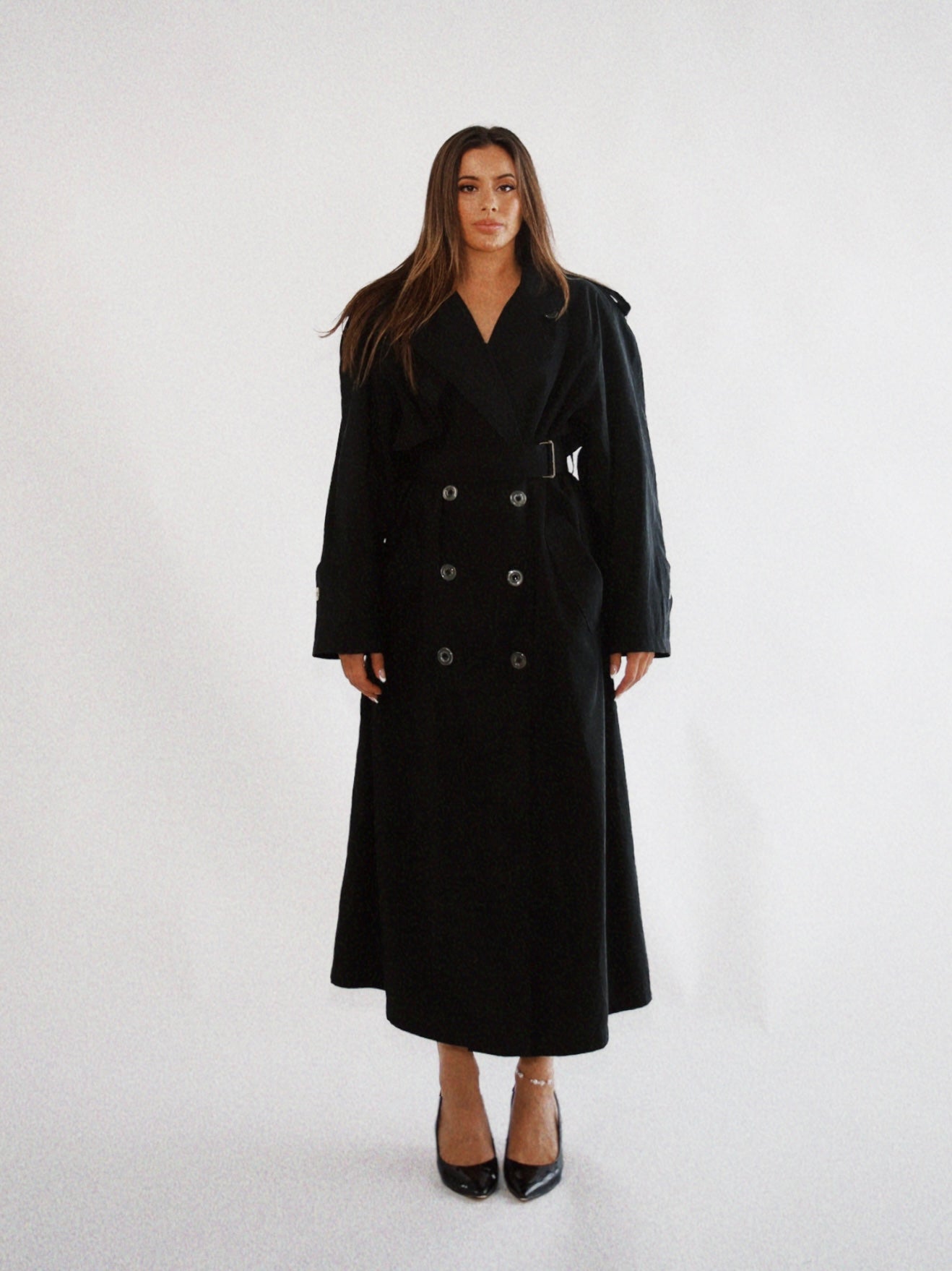 Vintage 1990's Black Double Breasted Trench Coat with Shoulder Pads (Sourced in Boston, MA)
