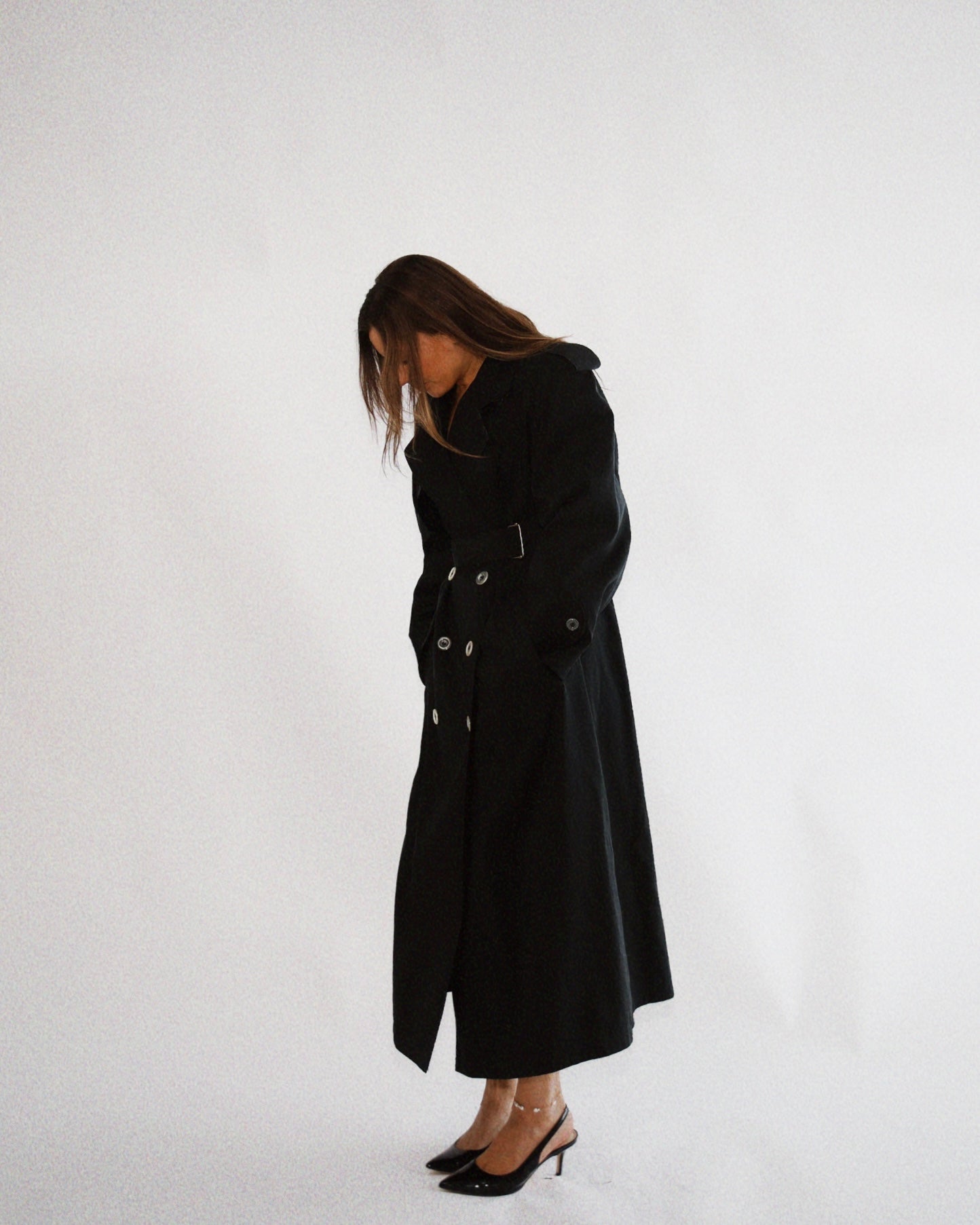 Vintage 1990's Black Double Breasted Trench Coat with Shoulder Pads (Sourced in Boston, MA)