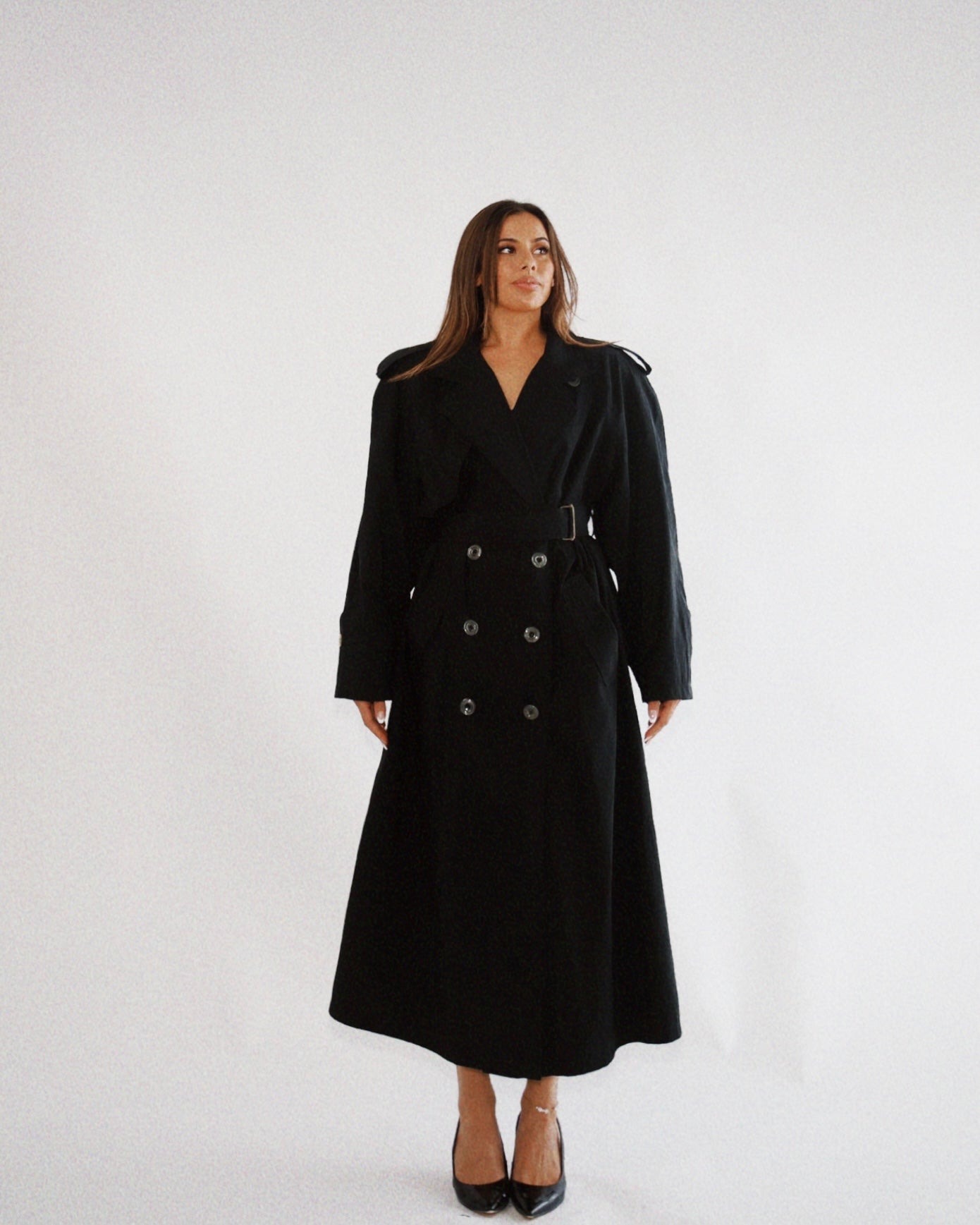 Vintage 1990's Black Double Breasted Trench Coat with Shoulder Pads (Sourced in Boston, MA)