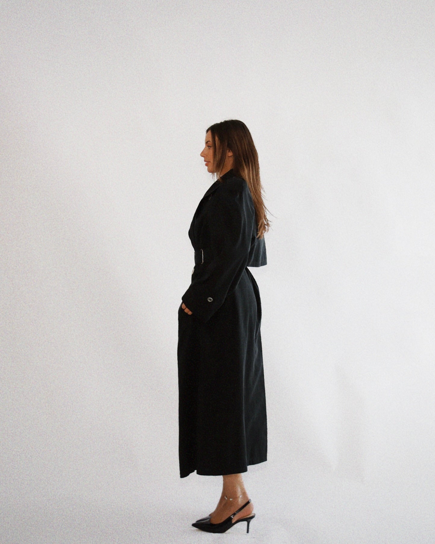 Vintage 1990's Black Double Breasted Trench Coat with Shoulder Pads (Sourced in Boston, MA)