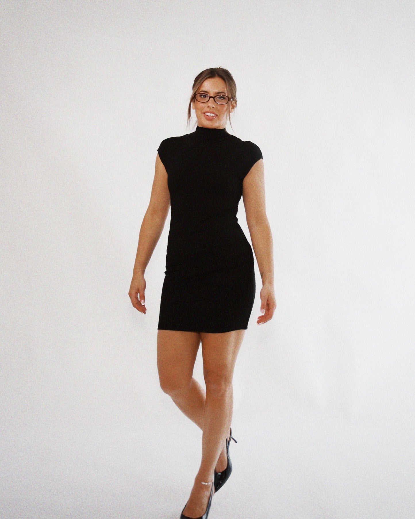 90's Inspired High Neck Capsleeve Black Mini Dress (Sourced NYC)