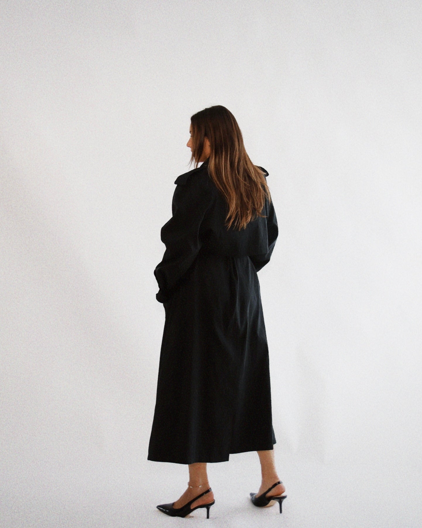 Vintage 1990's Black Double Breasted Trench Coat with Shoulder Pads (Sourced in Boston, MA)